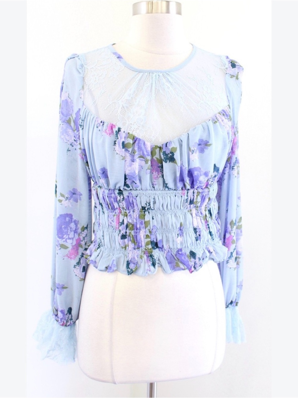 0027 Free People Daphne top Light Blue Floral Lace Yoke Smocked Waist Blouse